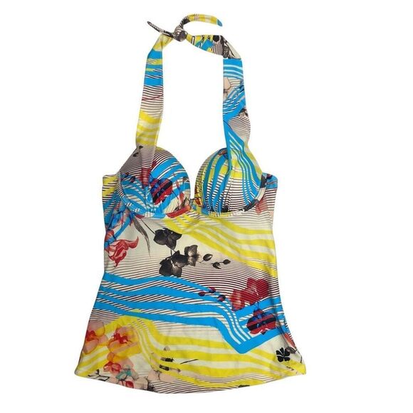 Hapari Womens Floral Stripe Tie Back Built-In Bra Tankini Top Multicolor Medium - Picture 1 of 15